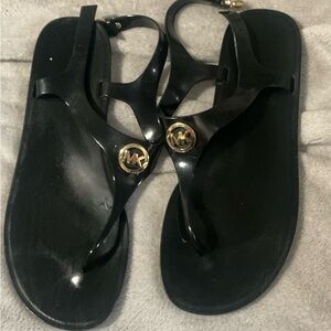 Michael Kors Black Gloss Jelly Sandals with Gold Logo Accent
